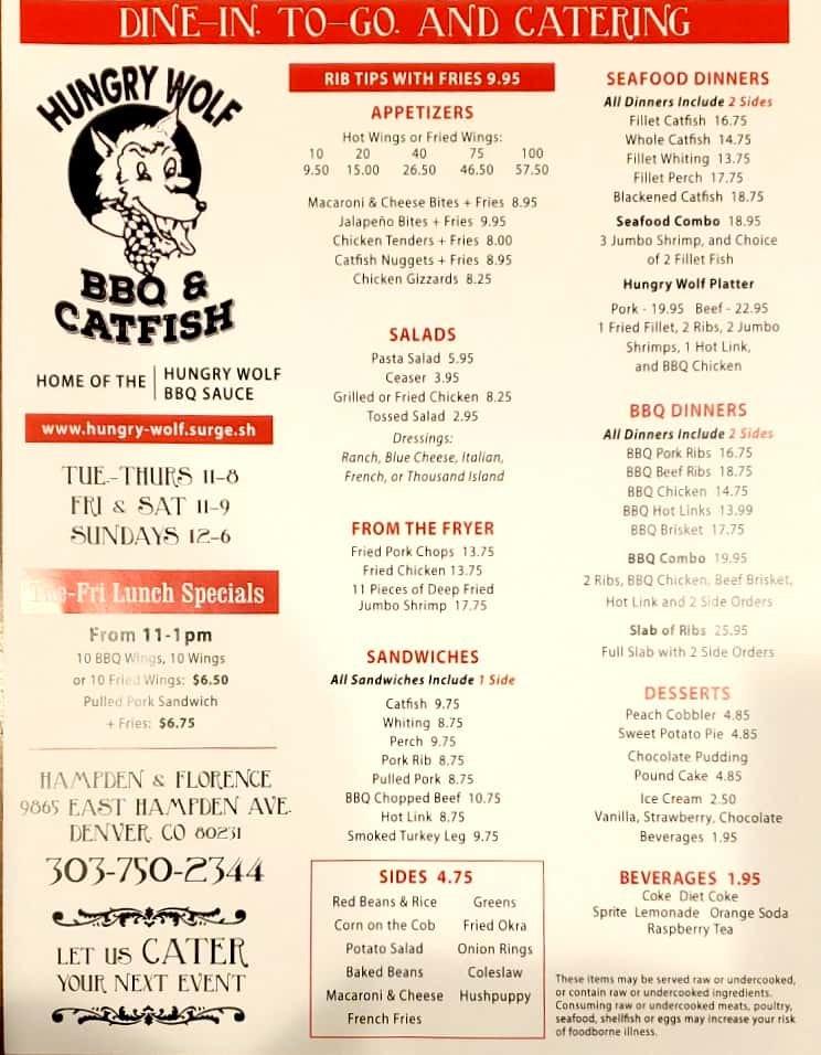 Menu at Hungry Wolf BBQ, Aurora, S Havana St