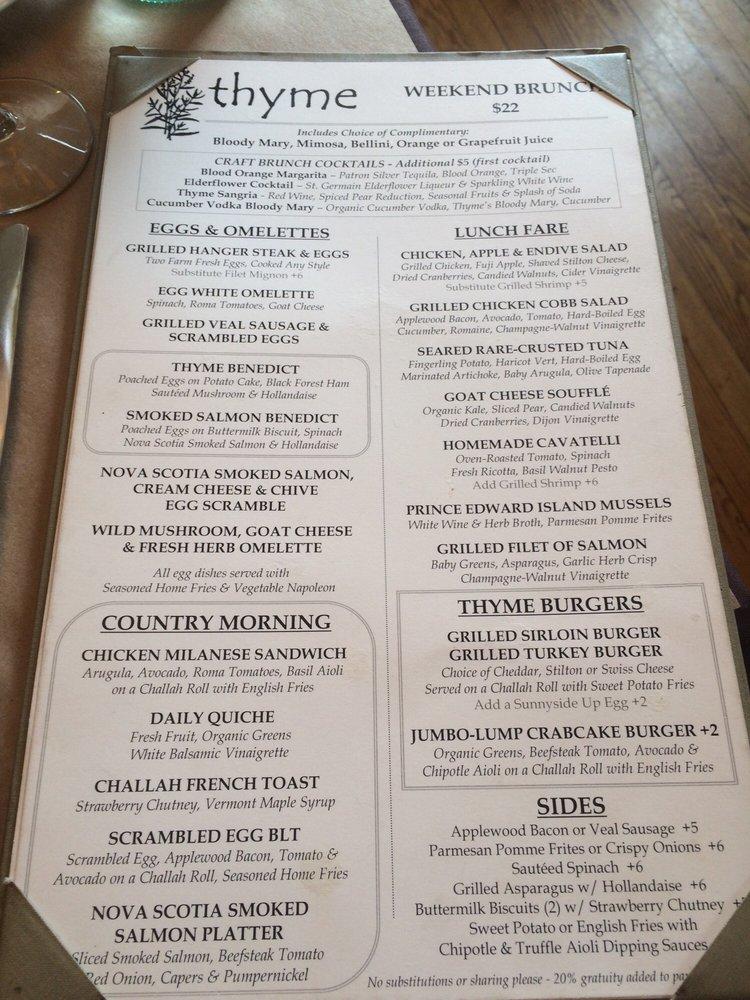 Menu at Thyme Restaurant, Roslyn