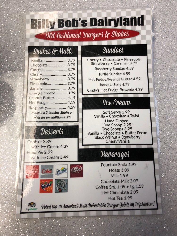 Menu at Billy Bob's Dairy Land restaurant, Branson, W 76 Country Blvd