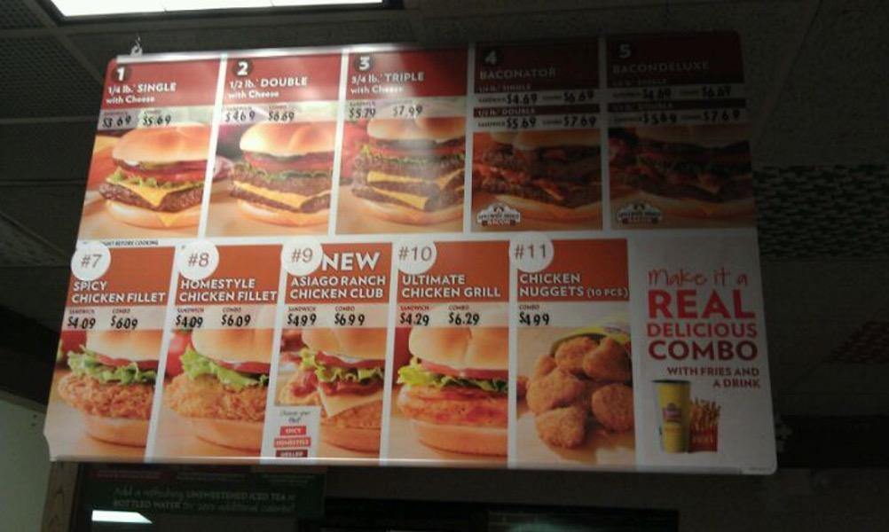 Menu at Wendy's fast food, Plainwell