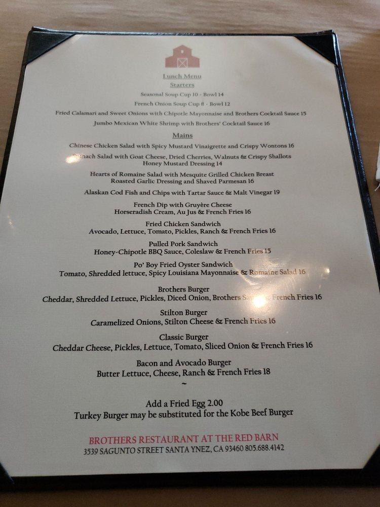 Menu at Brothers Restaurant at the Red Barn, Santa Ynez