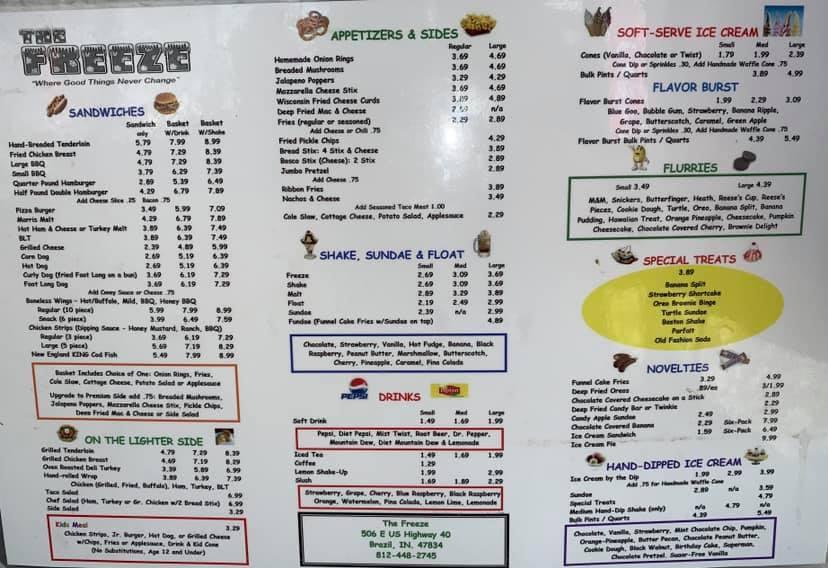 Menu at Freeze restaurant, Brazil