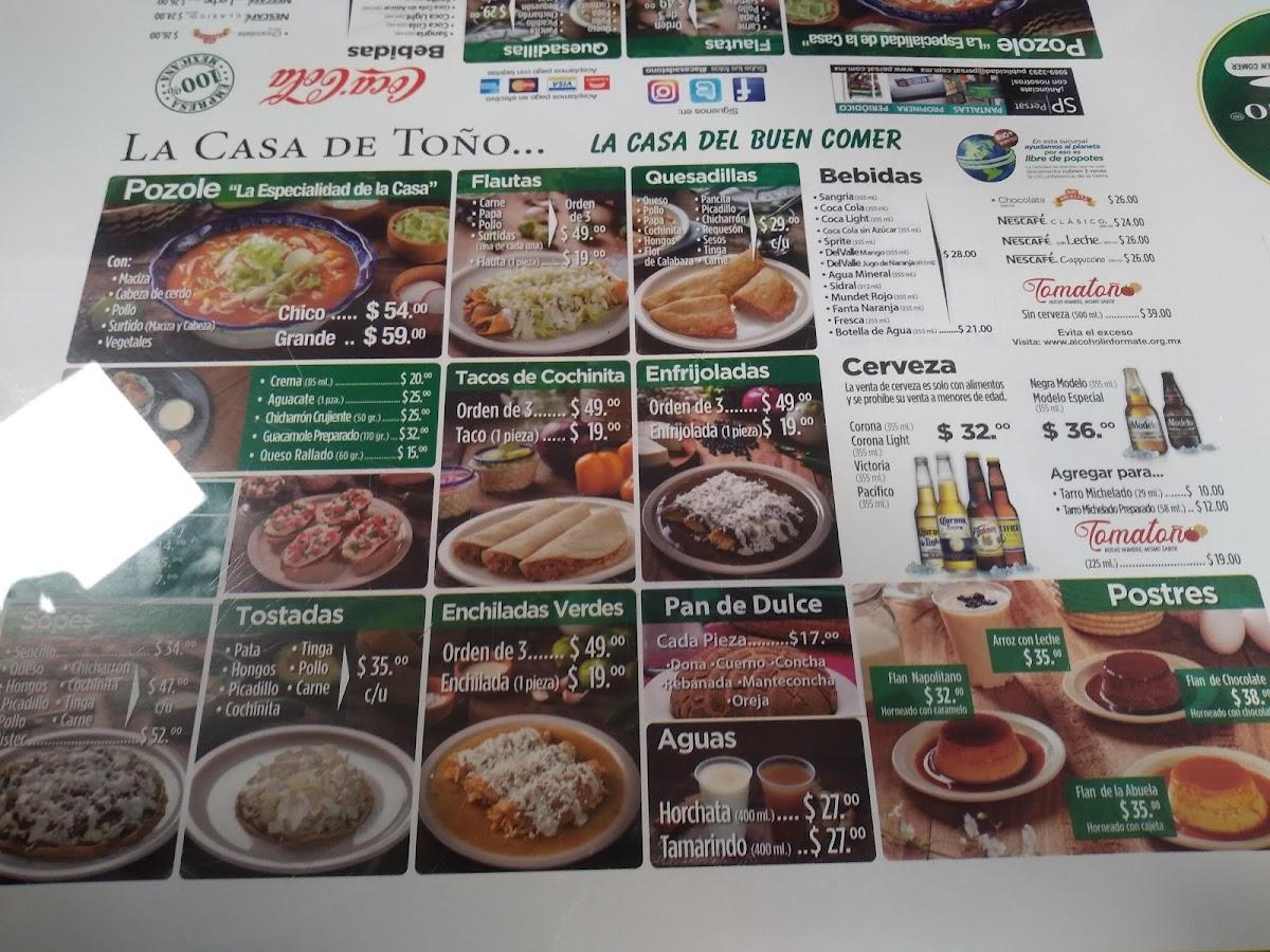 Carta del restaurante La Casa del Toño en Plaza Lindavista, Ciudad del