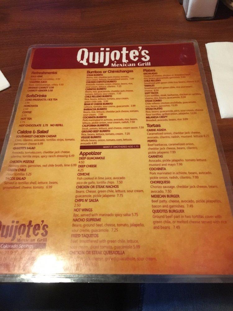 Menu at Quijotes Mexican Grill restaurant, Colorado Springs