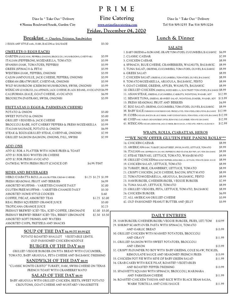 Menu at PRIME Fine Catering Catering, Garden City