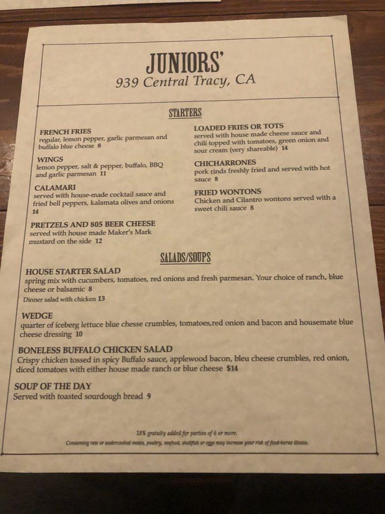 Menu at Juniors' restaurant, Tracy