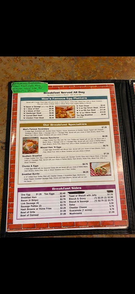 Menu at Moe's Country Kitchen cafe, Azle
