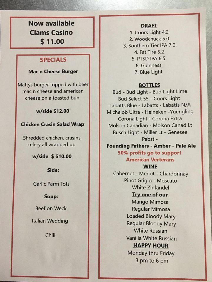 Menu at Matty's pub & bar, Elma Center