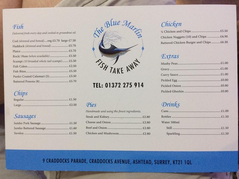 Menu at Blue Marlin restaurant, Ashtead