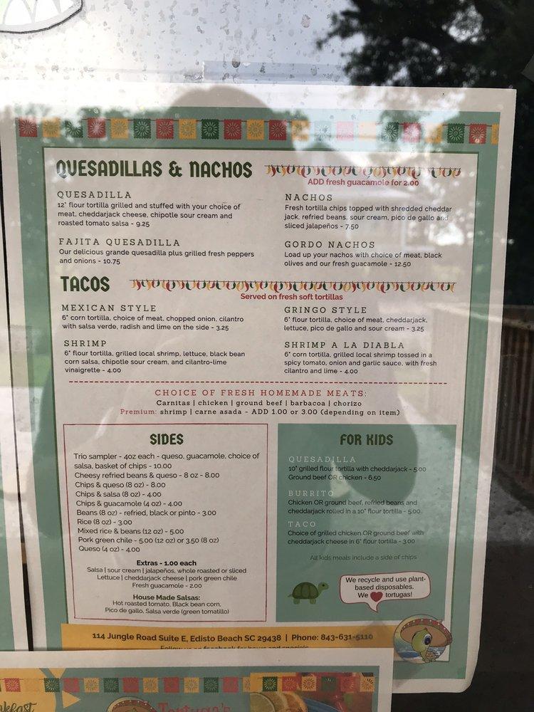 Menu at Tortuga's Mexican Grill restaurant, Edisto Beach