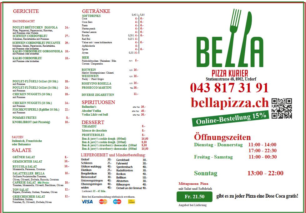 Speisekarte von Pizza Bella, Urdorf