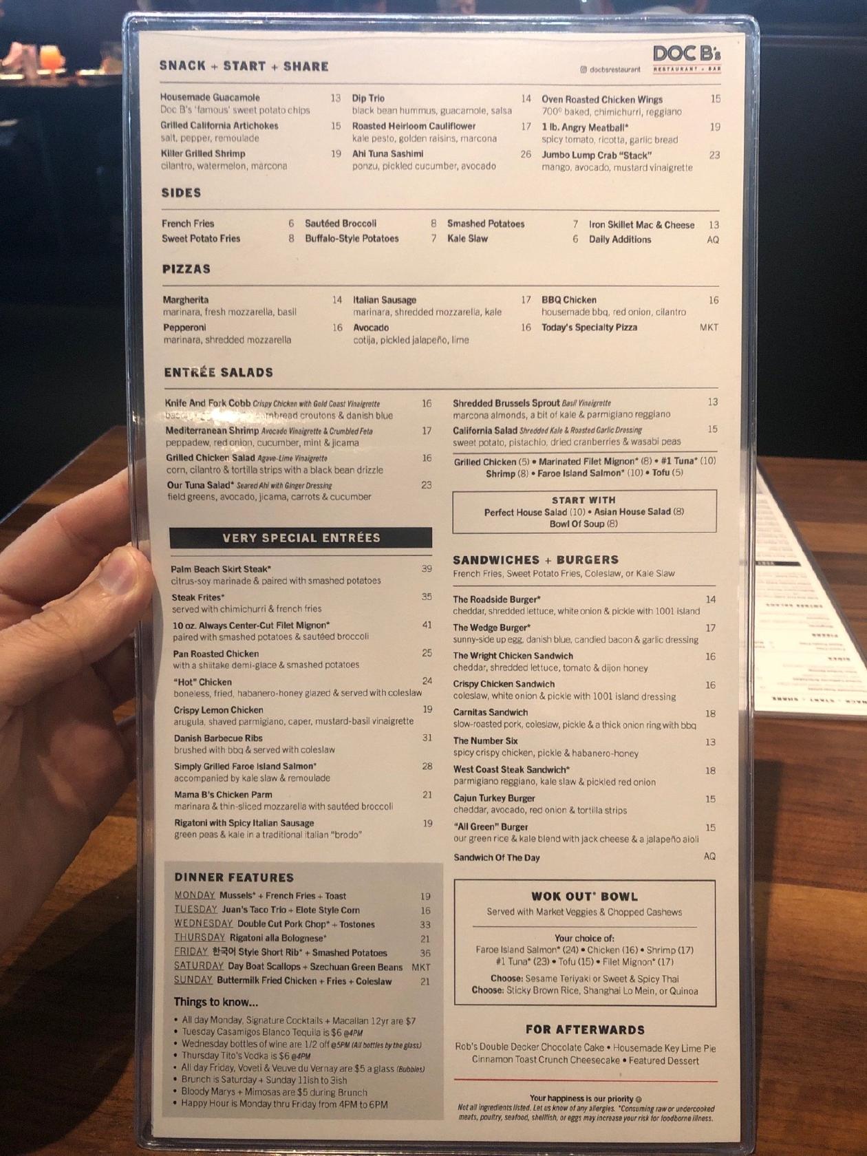 Menu at Doc B's Restaurant + Bar, Coral Gables