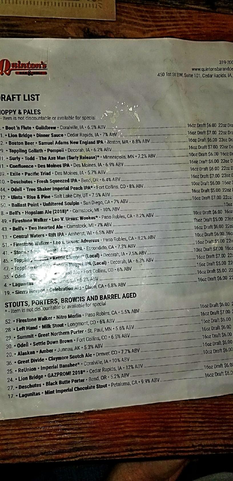 Menu at Quinton's Bar & Deli, Cedar Rapids