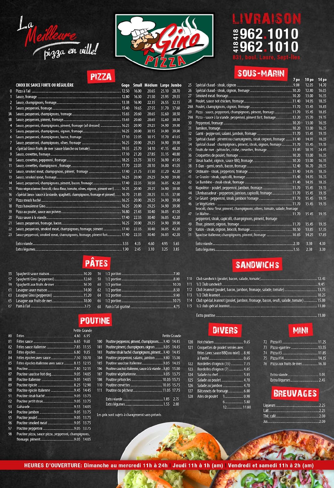 Menu au Gino Pizza pizzeria, SeptIles, 831 Bd Laure