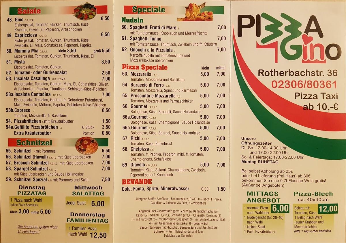 Menu at Gino Pizzeria, Bergkamen