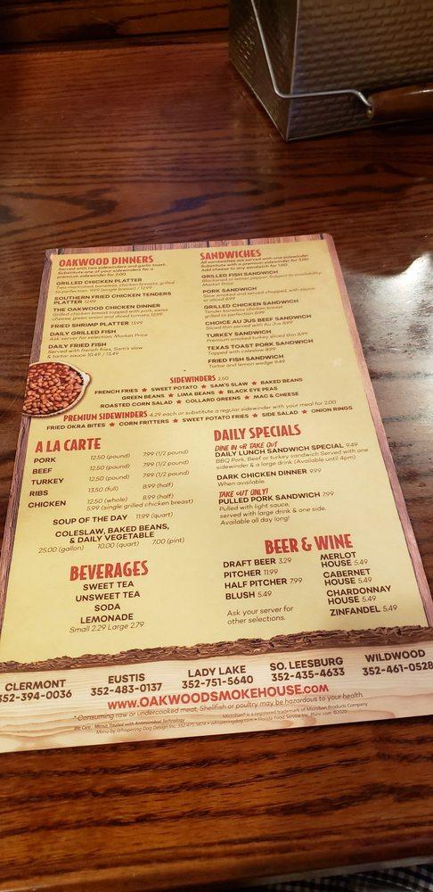 Menu At Oakwood Smokehouse And Grill Bbq Eustis