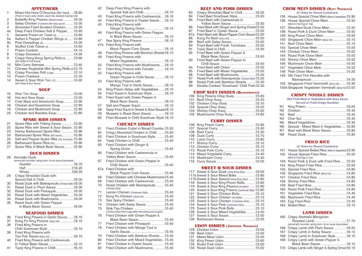 Menu at Yi Hua fast food, Clacton-on-Sea