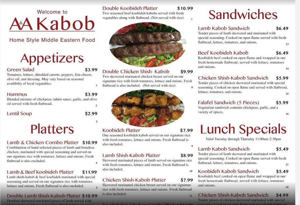 Menu at A&A Kabob Grill restaurant, Harrisonburg