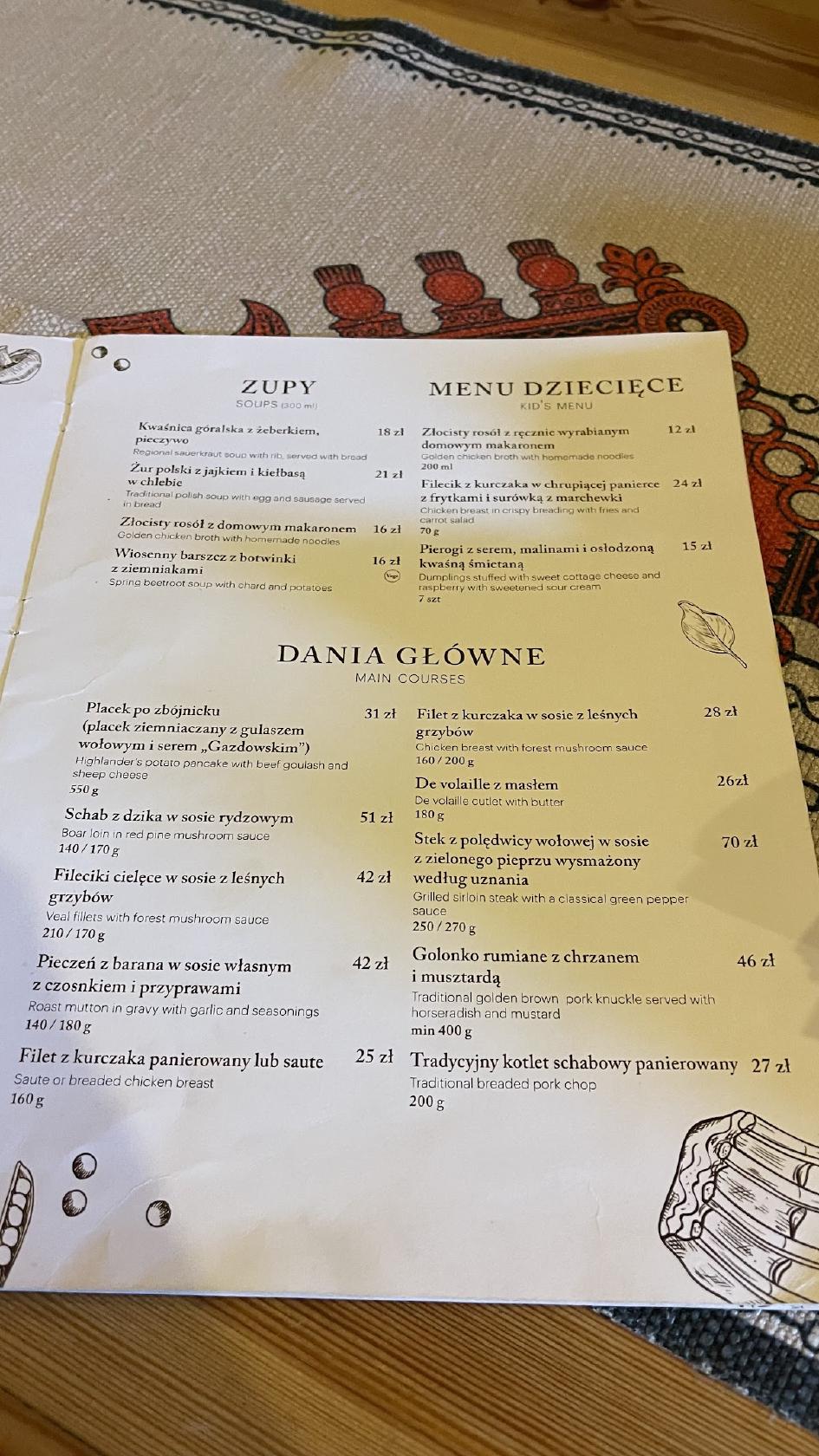 Menu at Morskie Oko restaurant, Kraków