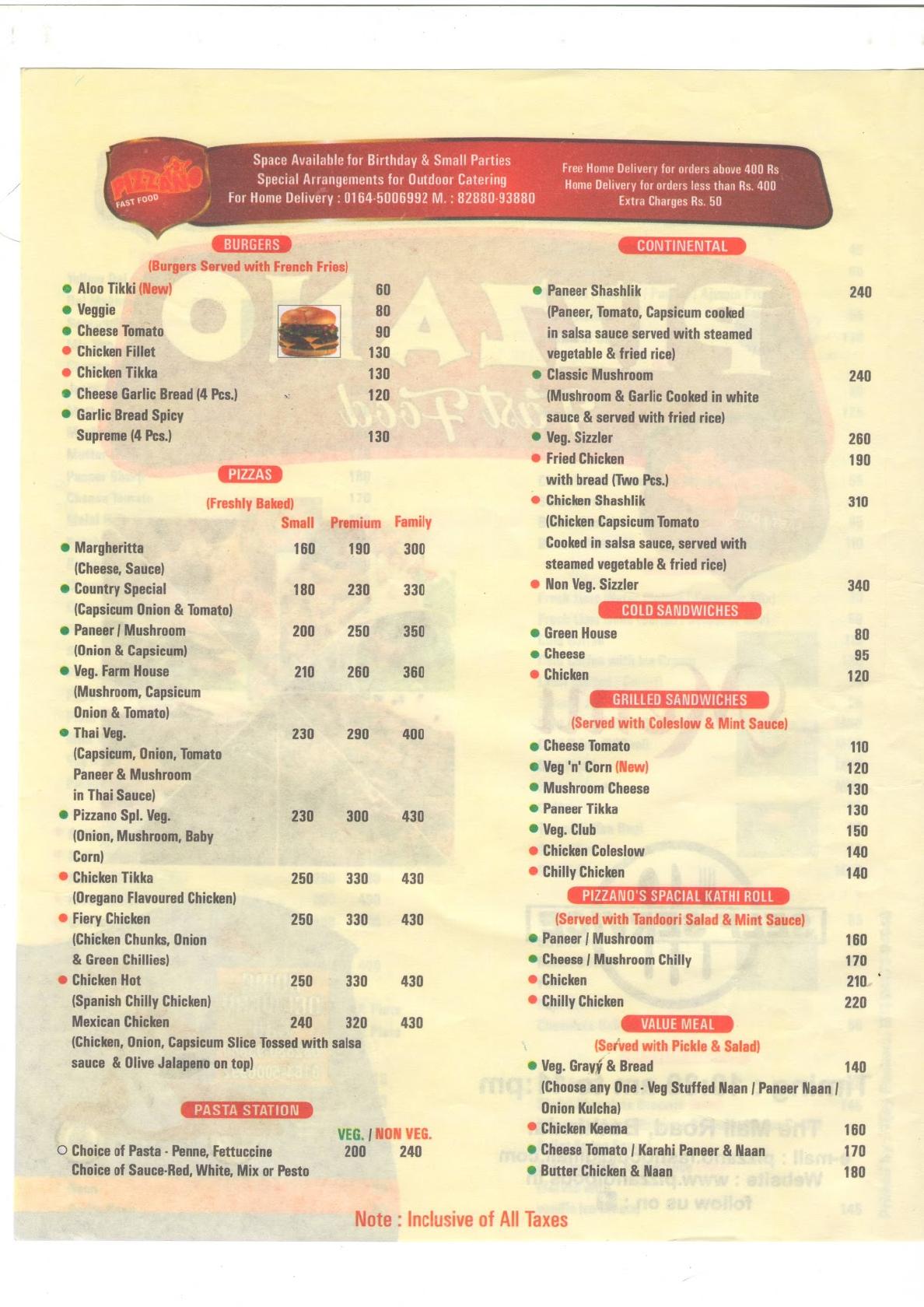 Menu at Pizzano Restaurant & Bakery, Bathinda