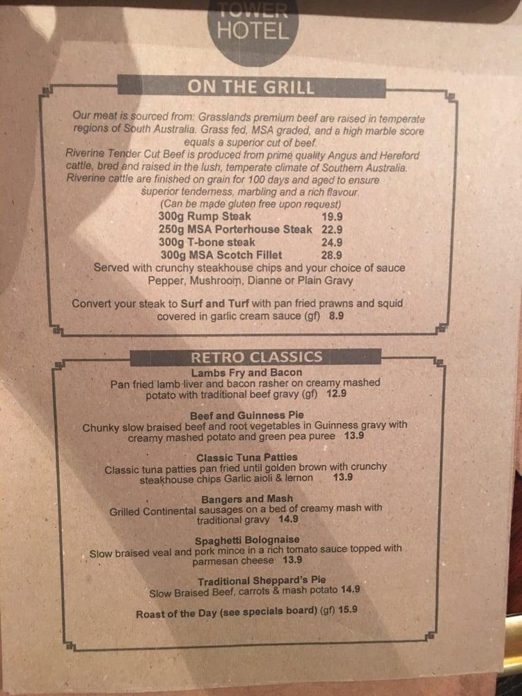 Menu at Tower Hotel restaurant, Magill