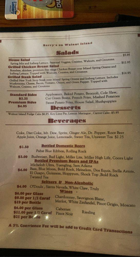 Menu at Barry's Walnut Island Restaurant and Lodge, Grandy
