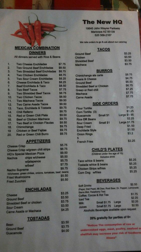 Menu at Headquarters Cafe, Maricopa, N Maricopa Rd