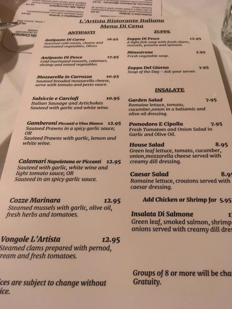 Menu at L'Artista Italian Restaurant, Burnaby