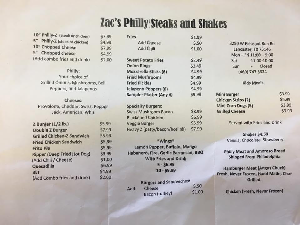 Menu at Zac's Phillysteaks & Shakes restaurant, Lancaster