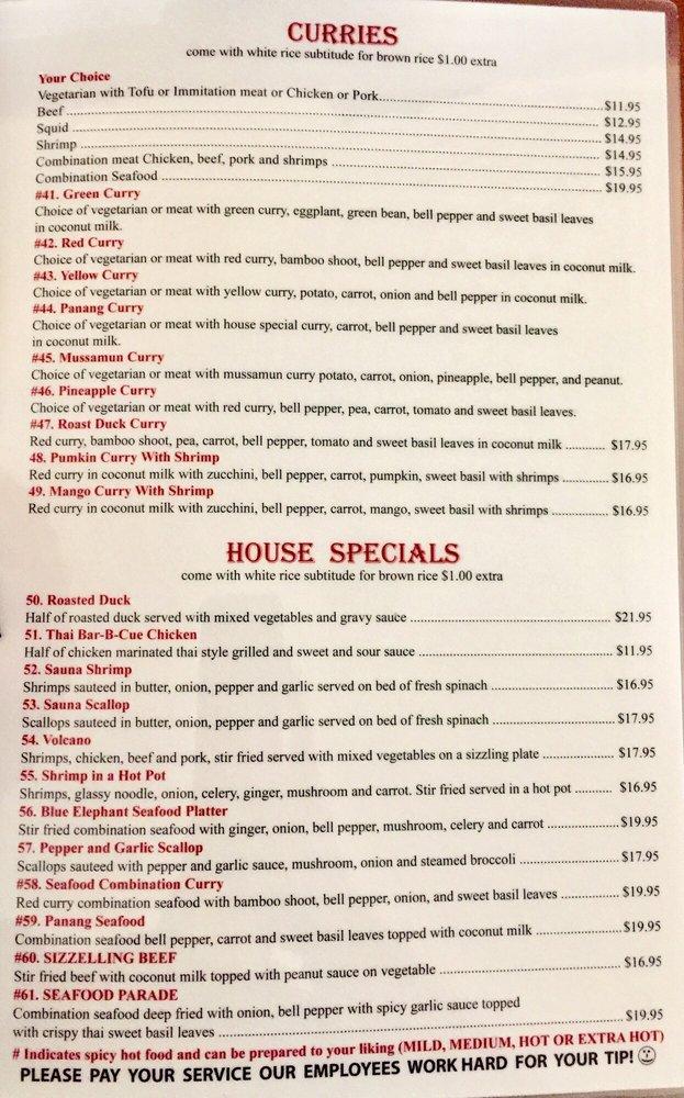 Menu at Thai Elephant restaurant, Port Hueneme