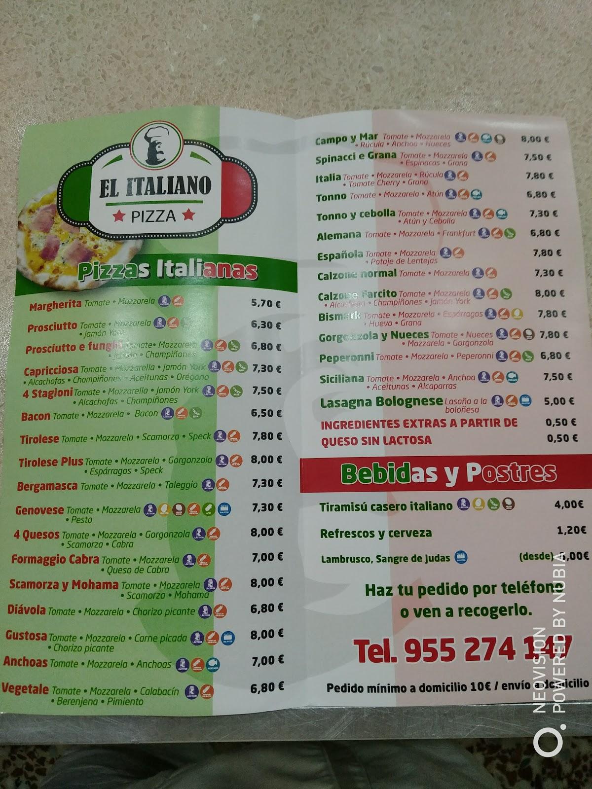 posponer No pretencioso Influencia Carta de Pizzería El Italiano, Sevilla, San Diego