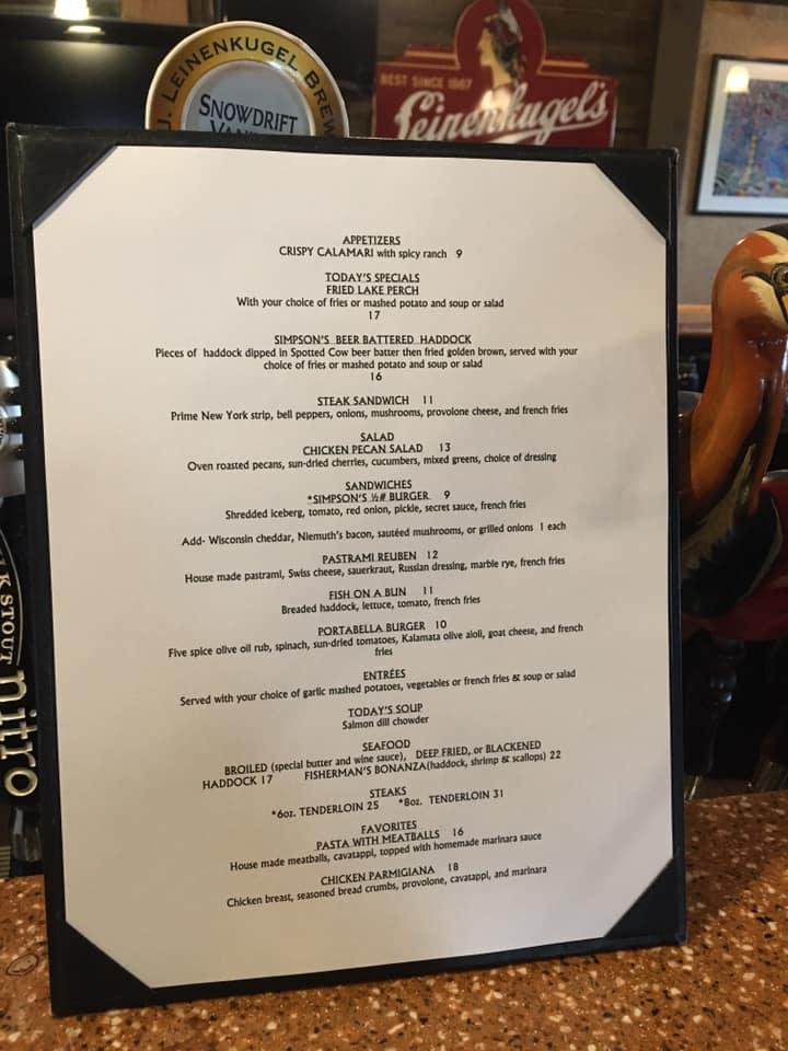 Menu at Simpson's Restaurant, Waupaca