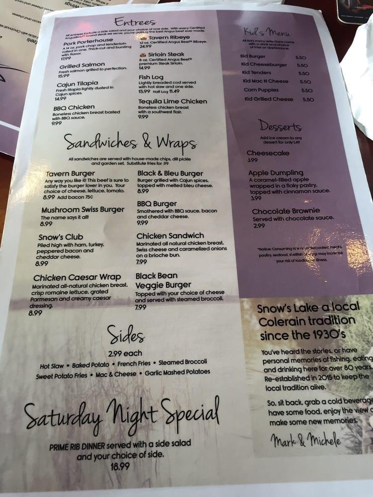 Menu at Snow's Lakeside Tavern Craft Beer Steaks Sports Bar