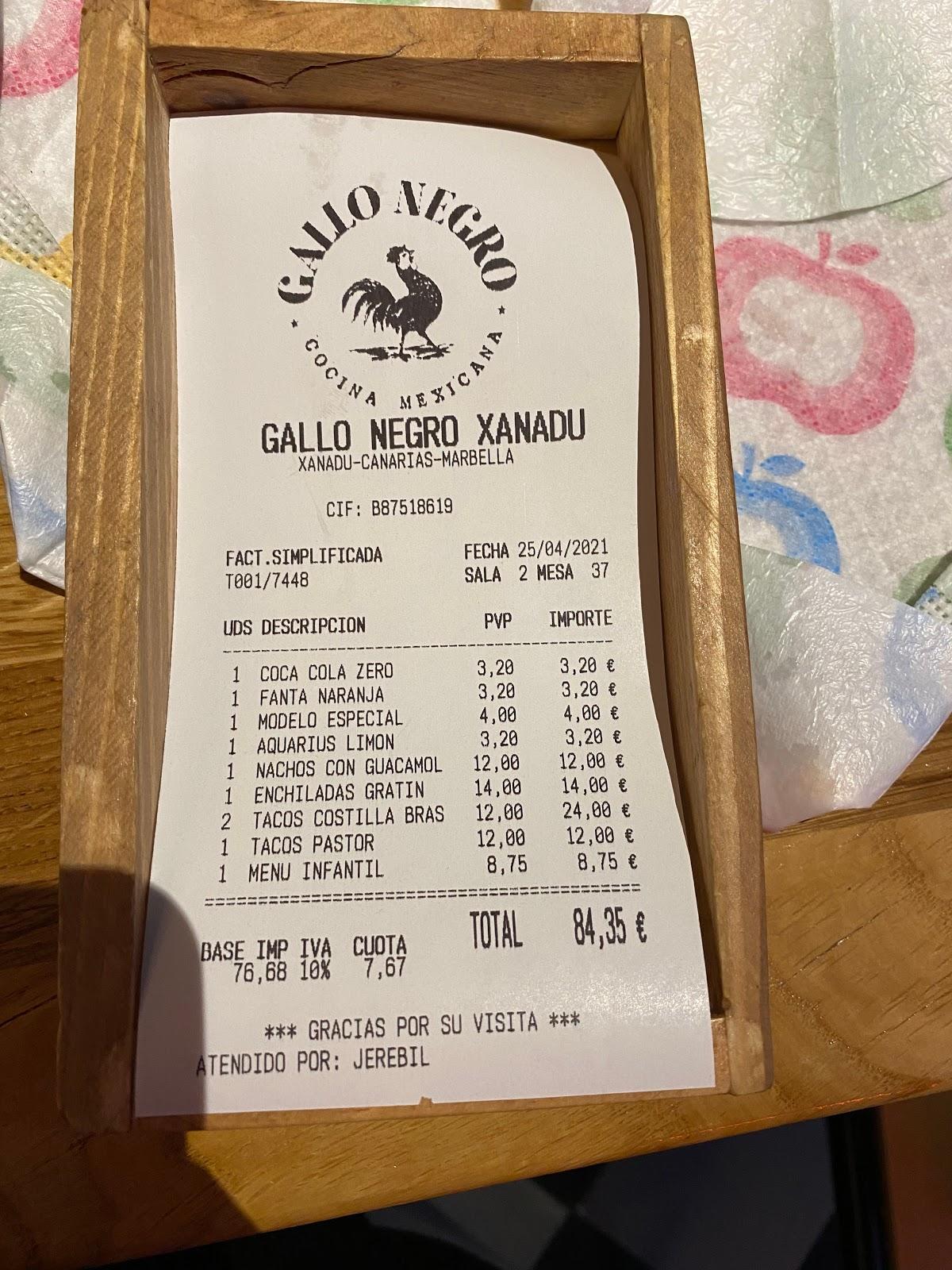 Menu at Gallo negro Xanadu restaurant, Arroyomolinos