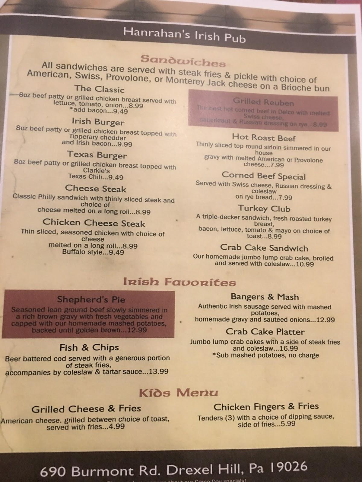 Menu at Hanrahan's Irish Pub, Upper Darby