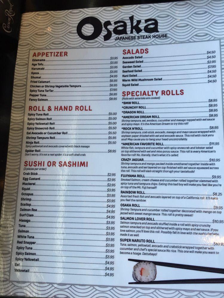 Menu at Osaka Sushi and Hibachi restaurant, Woodbury