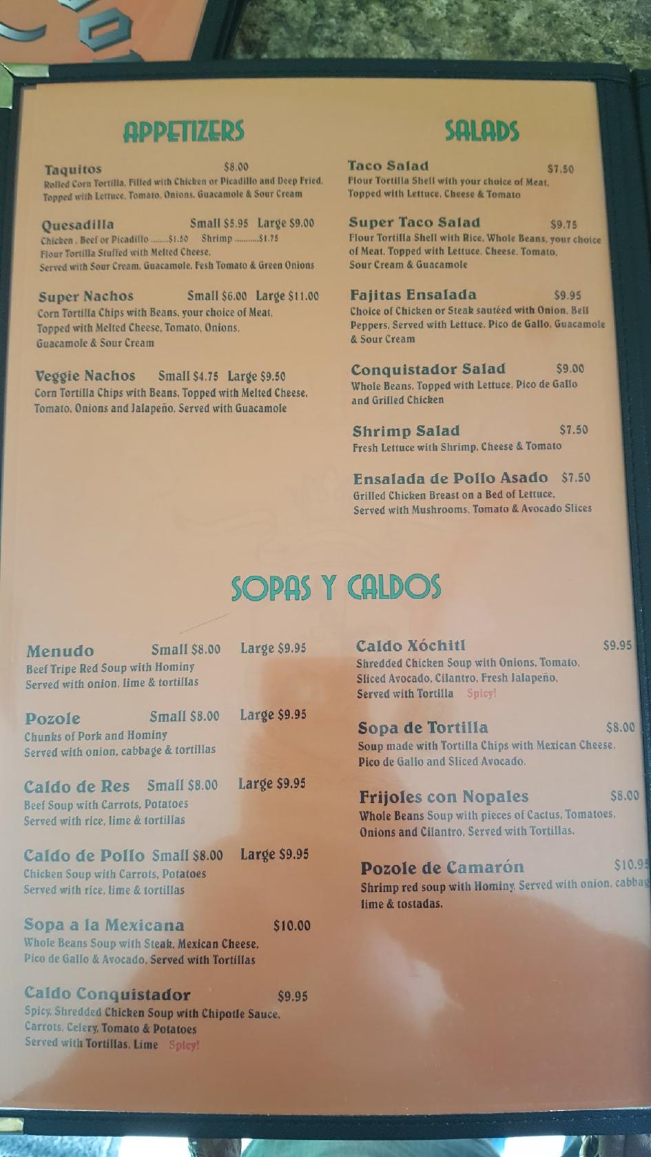 Menu at Conquistador LLC Mexican Restaurant & Catering, Sunnyside