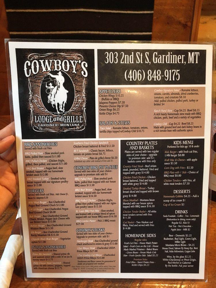 Menu at Cowboy's Lodge and Grille restaurant, Gardiner