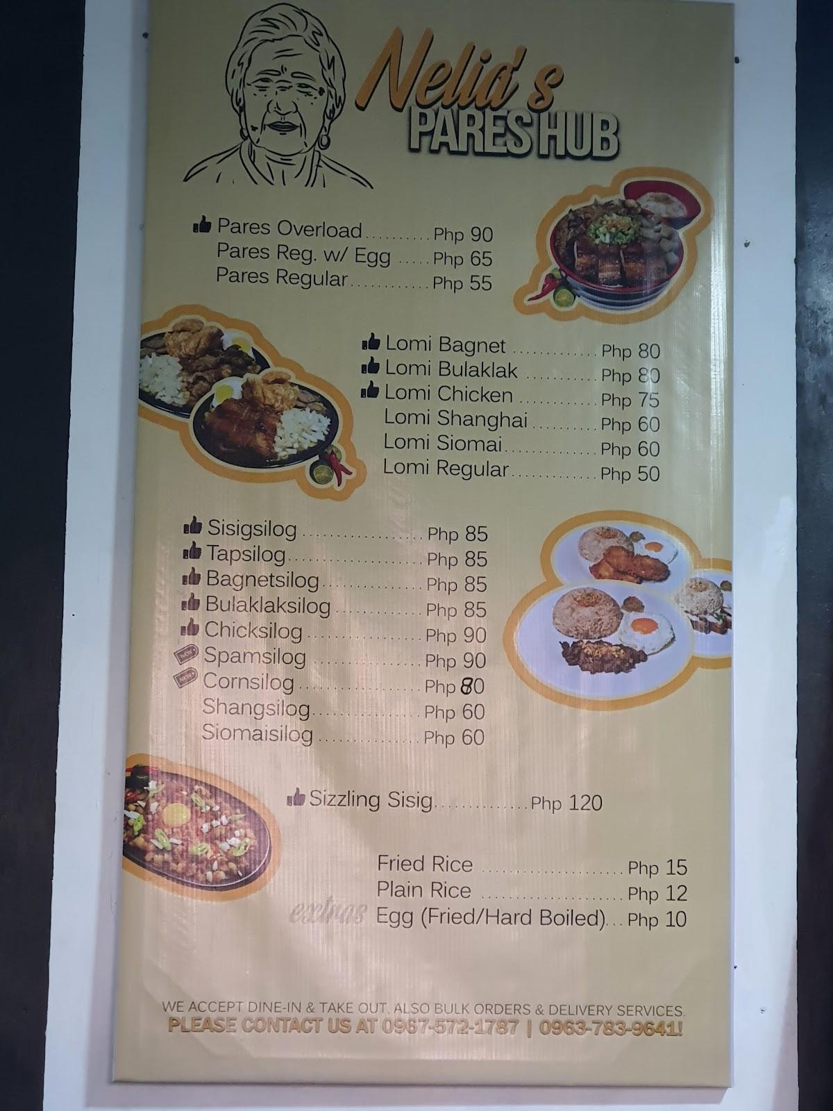 Menu at Nelia's Pares Hub restaurant, Bailen