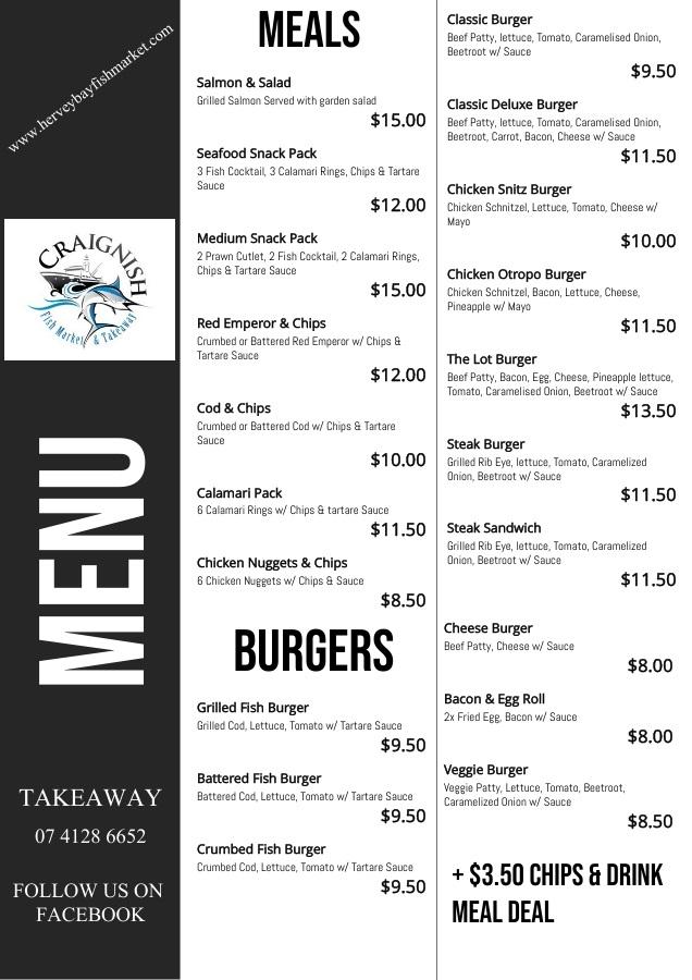 Menu at Craignish Fish Market & Takeaway restaurant, Craignish