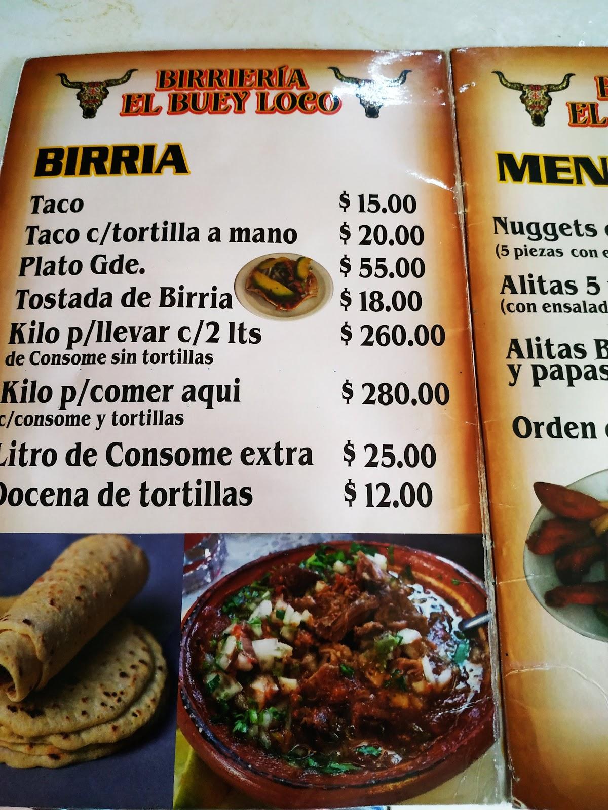Carta del restaurante Birrieria el buey loco, Ciudad del México