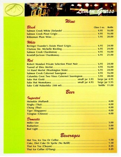 Menu At Lemon Grass Thai Restaurant Marietta