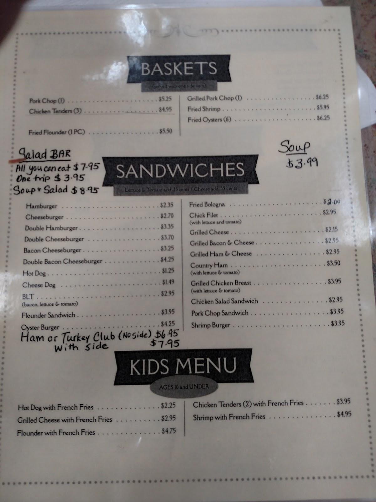 Menu at Parkside Cafe, Pine Level, U.S. Hwy 70A E