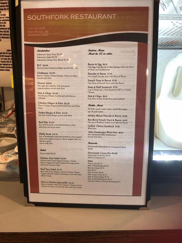 Menu at Southfork restaurant, High River