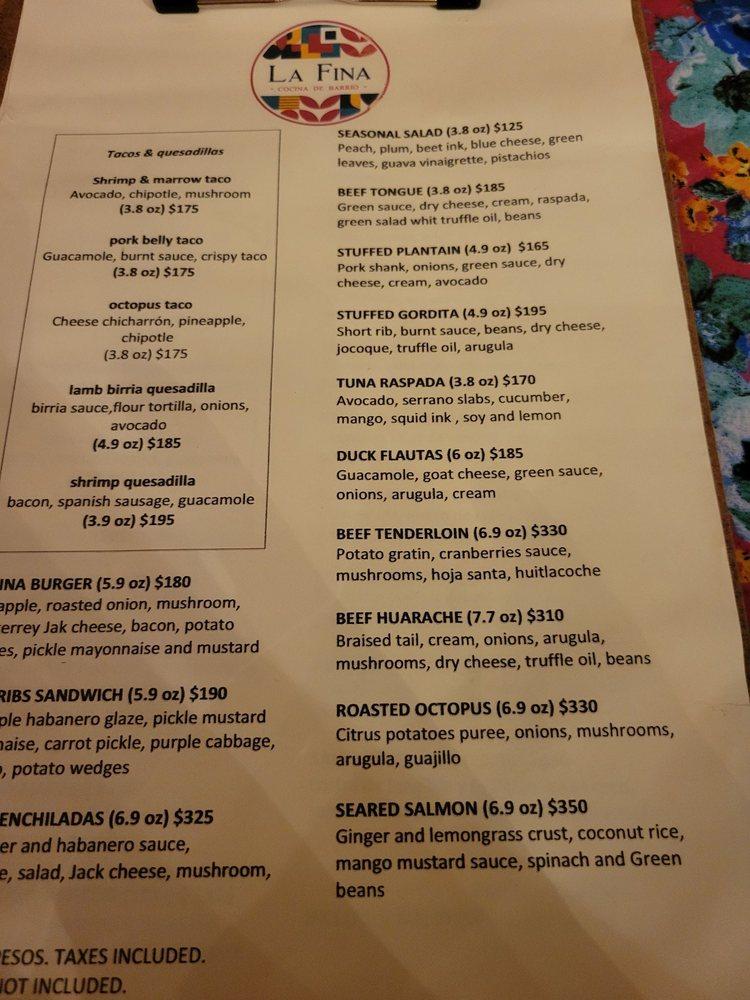 Menu at La Fina Cocina de Barrio, Puerto Vallarta