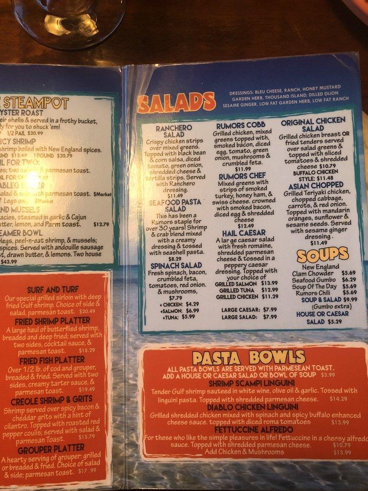 Menu at Rumors Restaurant, Louisville