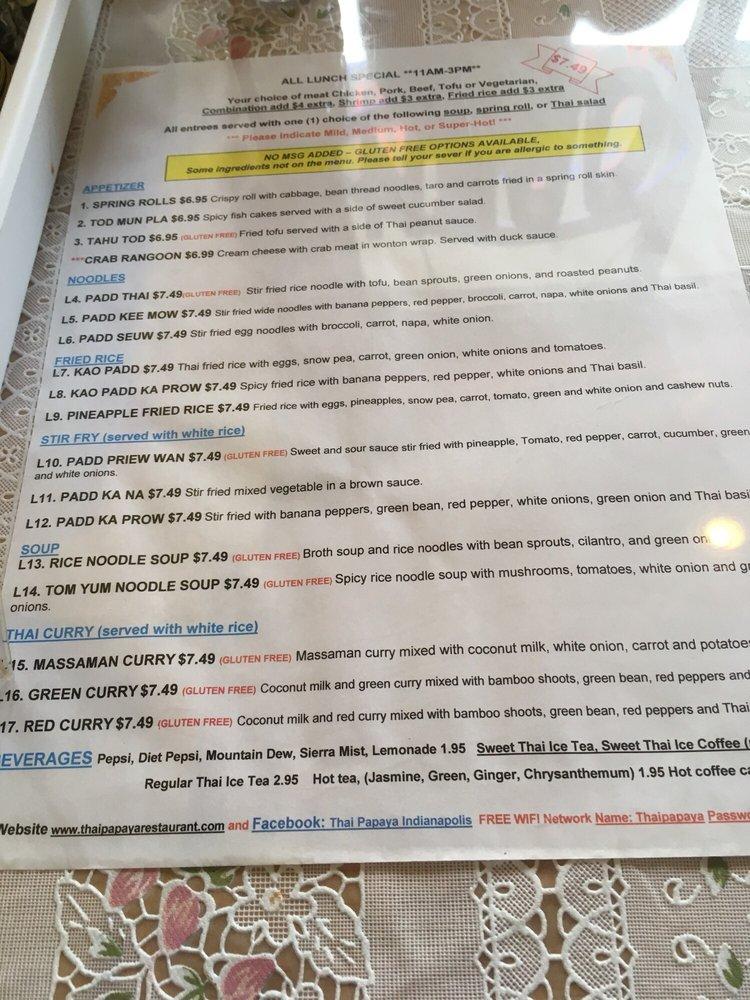 Menu at Thai Papaya Restaurant, Indianapolis, W 96th St Suite 1000