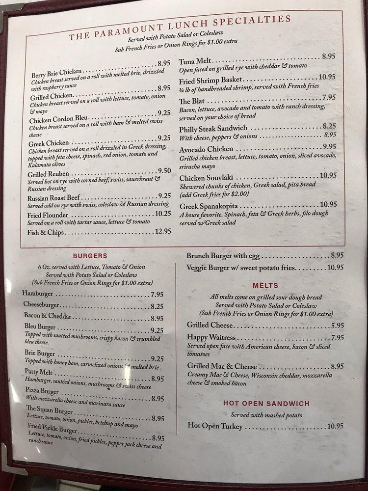 Menu at Paramount Diner cafe, Manasquan