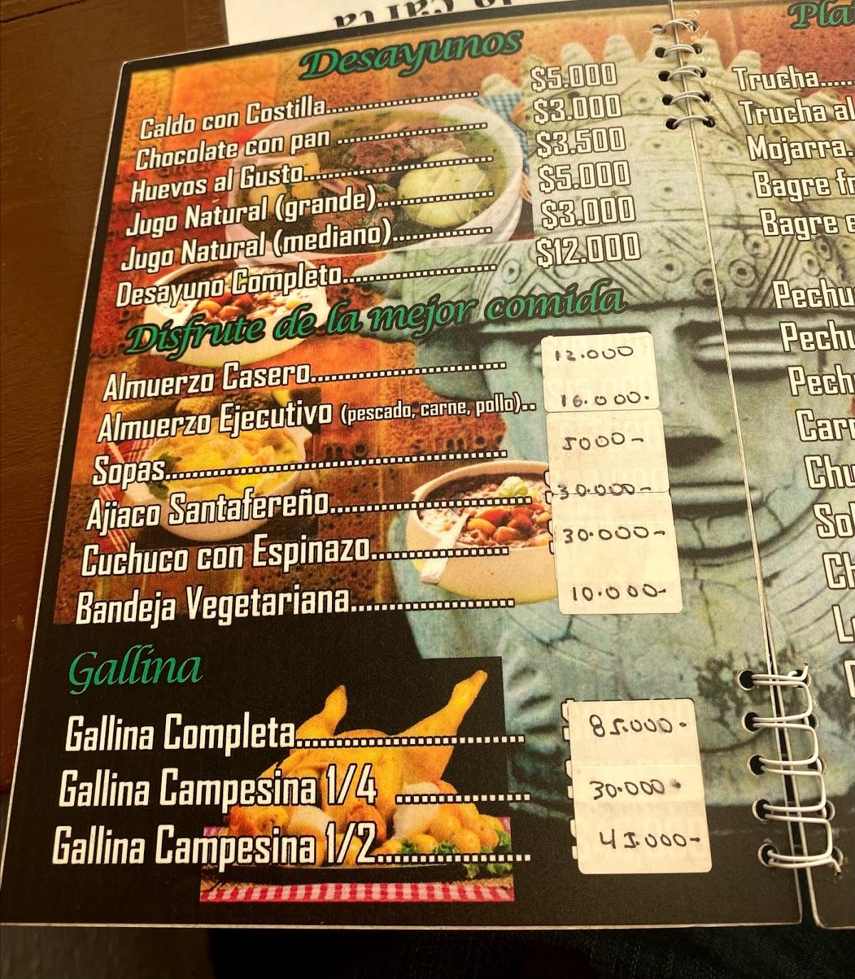 Menu at Restaurante La cacica, Guatavita