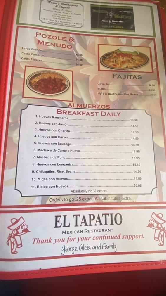 Menu at El Tapatio Restaurant, Porterville, 134 E Orange Ave